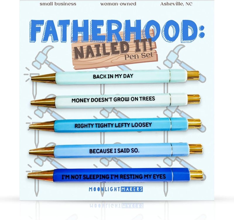 Moonlight Makers - Set of 5 Ballpoint Pens Black Ink- Engraved Funny Pens for Adults - Fatherhood Appreciation Adult Gifts - Ideal Desk Decor for Work and Office Desk - Cute Packaging, Handy Clips - Image 1